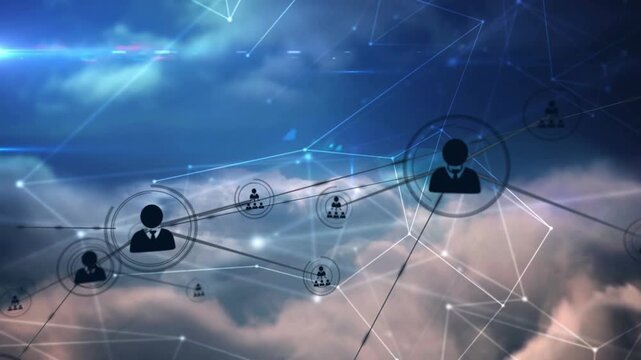 Animation of networks of connections with icons over sky with clouds