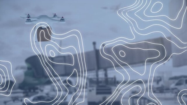 Animation of white lines and digital drone over airport