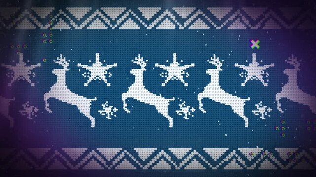 Animation of reindeer and snowflake repeated over blue background