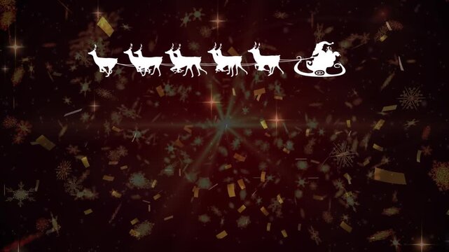 Animation of santa claus in sleigh with reindeers over confetti falling