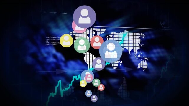 Animation of multiple profile icons floating over stock market data processing and world map