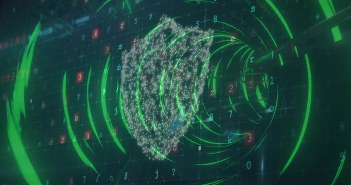 Security padlock icon and cyber security data processing against glowing tunnel in seamless pattern
