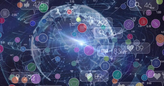 Animation of network of connections with icons and data processing over world map