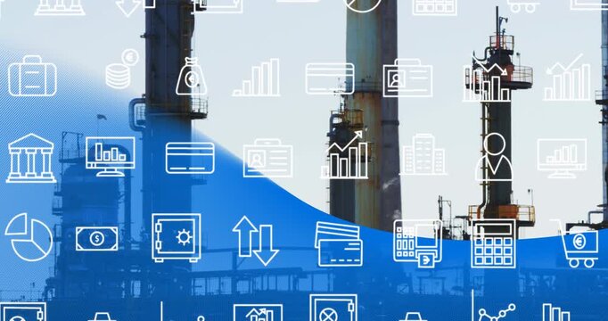 Animation of falling icons over refinery