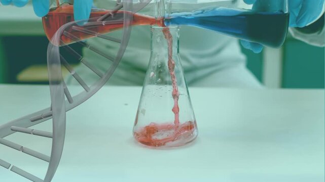 Animation of dna over hands of lab workers pouring liquids