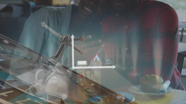 Animation of data processing and casino over african american couple using smartphone