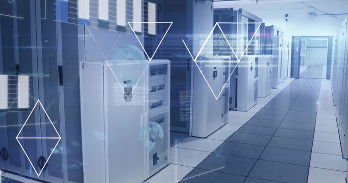 Animation of data processing and geometrical shapes against computer server room