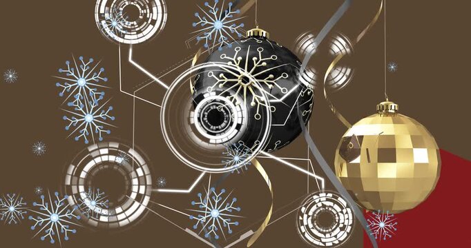 Animation of shapes and baubles over snow falling