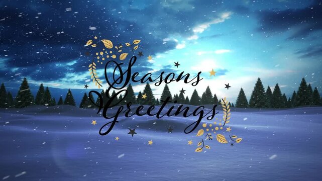 Animation of seasons greetings text over snow falling