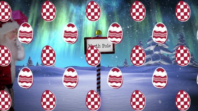 Animation of eggs over santa claus and winter landscape