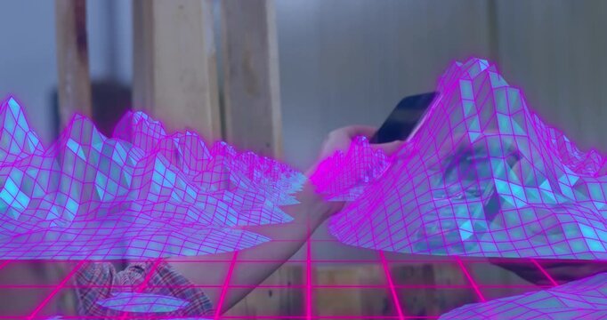 Animation of digital mountains over blurred digital space