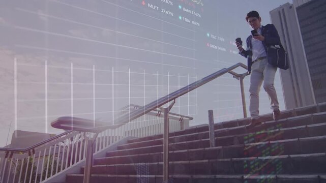 Animation of data processing over asian businessman on stairs