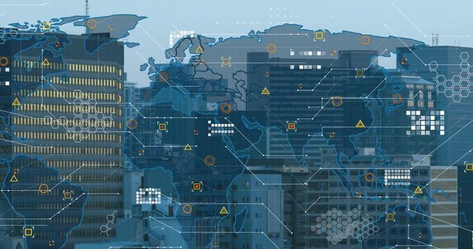 Animation of world map against aerial view of cityscape