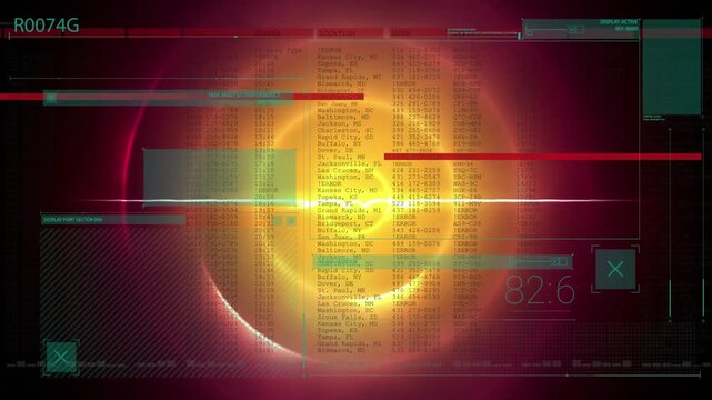 Animation of interface with data processing against yellow and pink light trails in circular motion
