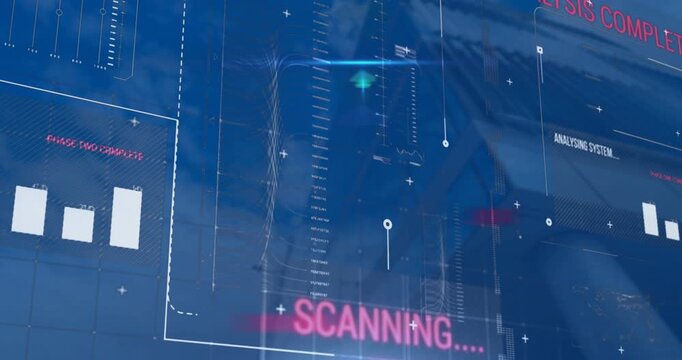 Animation of interface with data processing against low angle view of tall building