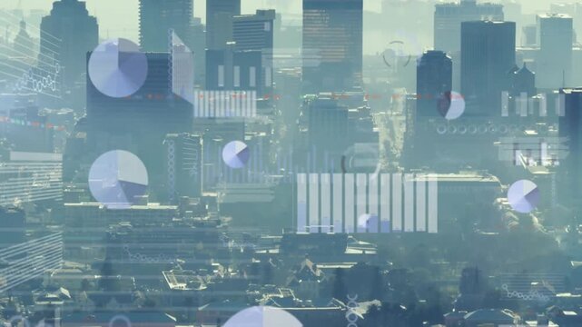 Animation of graphs and trading board over aerial view of modern cityscape against sky
