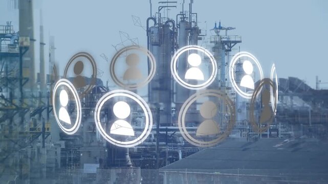 Animation of profile icons and connected dots over aerial view of factory against sky