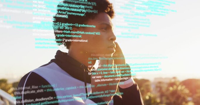 Animation of financial data processing over man using earphones during exercise