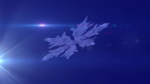 Animation of beam of bright light and rotating snowflake on purple background