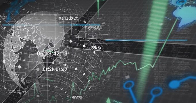 Animation of data processing and diagrams over globe and arrows