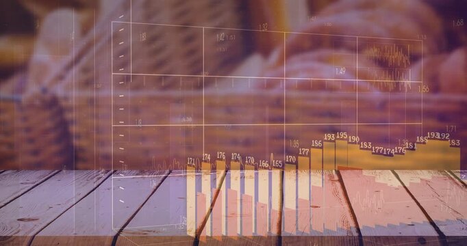 Grid fading in, bars rising, peaking, dropping, pointer sweeping, showing sales trend over tabletop