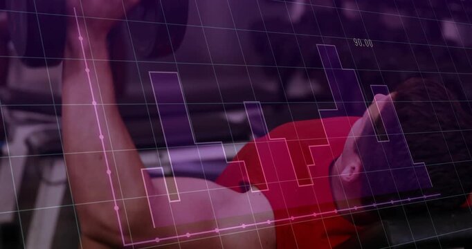 Man starting rep by pressing right dumbbell upward on bench, HUD overlay syncing fitness metrics