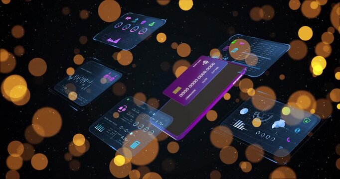 On scene load phone and purple card rotating, orbiting UI tiles showing payment flow amid bokeh