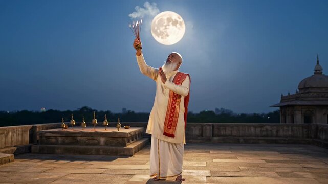 Elderly Hindu Man Performing Ritual Under Full Moon During Jyeshtha Adhika Purnima Festival Night