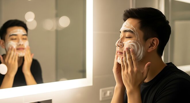 Jovem aplicando limpador facial em banheiro moderno