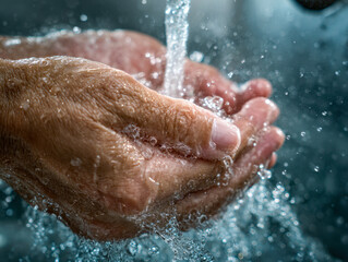 Fototapeta premium Man washing hands thoroughly under a stream of clean water with visible droplets and bubbles for hygiene and cleanliness concept