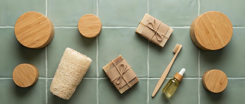 Eco-friendly spa essentials with natural wooden containers, handmade soaps, loofah sponge and bamboo toothbrush on green tile background for wellness.
