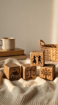 Wooden toy blocks with engraved symbols including house, scales, tree and dancing figures on cozy knitted blanket with warm natural lighting and home decor.