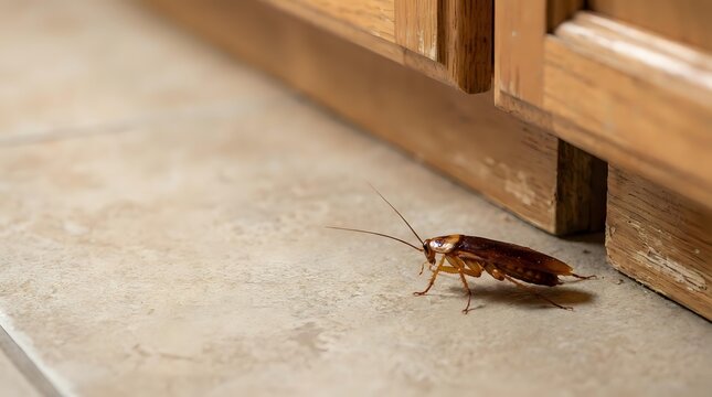 Brown cockroach crawling on beige tile floor near wooden furniture leg in residential kitchen or bathroom interior for pest control concepts.