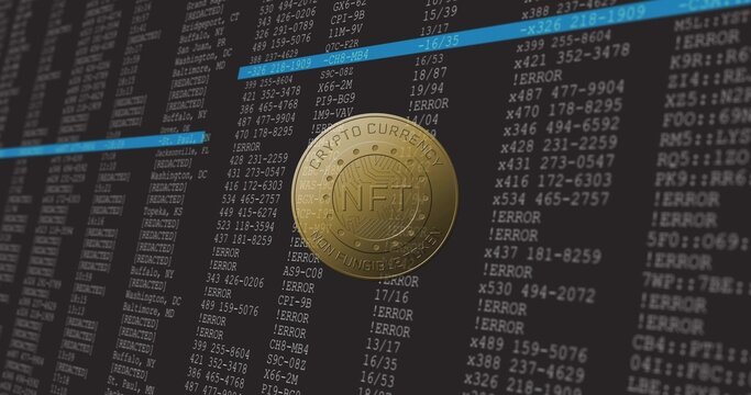 Glinting gold NFT coin floating above computer terminal display, showing ERROR lines and cyan bars