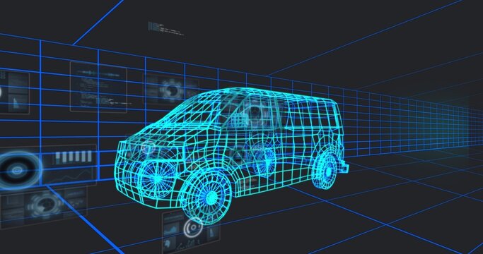 Displaying neon-cyan wireframe van model rotating in VR simulation, with grid planes and HUD panels