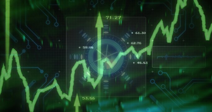 Showing neon green line graph rising on-screen HUD with radial gauge, numeric labels, upward arrows
