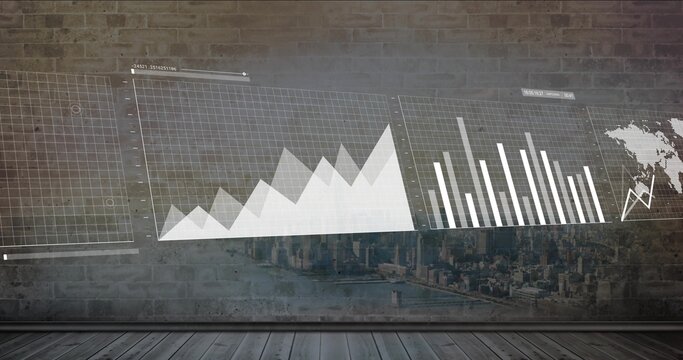 Projecting translucent data charts across textured brick wall at studio, filled-area and bar charts