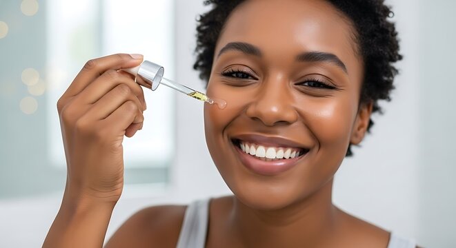 Mulher aplicando s&eacute;rum no rosto com conta-gotas para rotina de cuidados com a pele