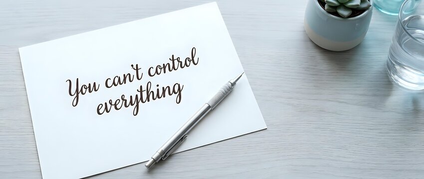 Motivational quote card on desk with pen and plant saying you cant control everything for mindfulness and stress management concepts.