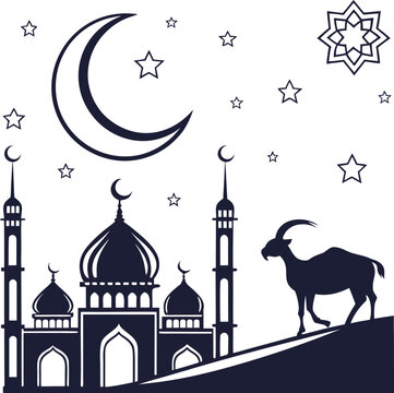 Islamic Eid al Adha Goat and Mosque Silhouette on Dark Background Minimal Vector Illustration