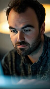 A man deeply immersed in analyzing data, suggesting a role that requires detailed attention to digital tasks and problem-solving.