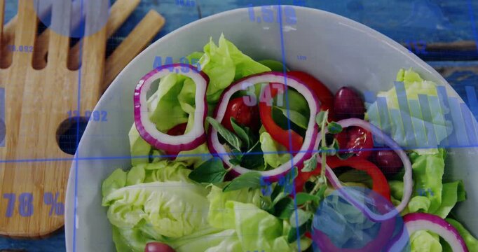Camera panning toward salad bowl, overlays sliding with percent values revealing textures for food
