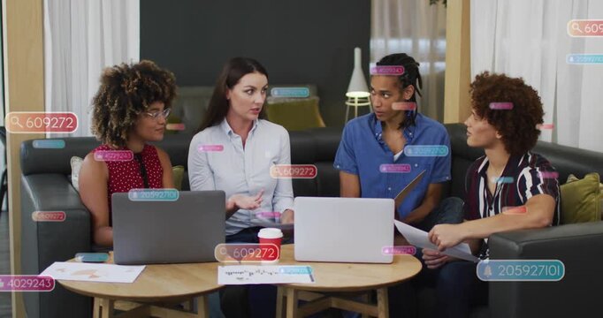 Lead woman starting explanation, guiding team via laptops and papers, seeking business alignment