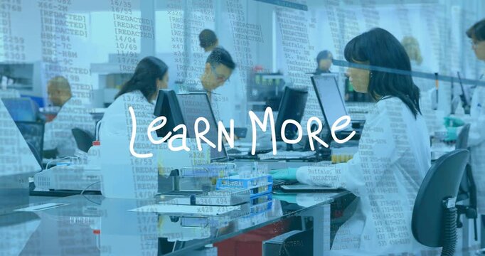 Vertical video: Panning camera lab techs in coats typing handling trays testing at bench Learn More