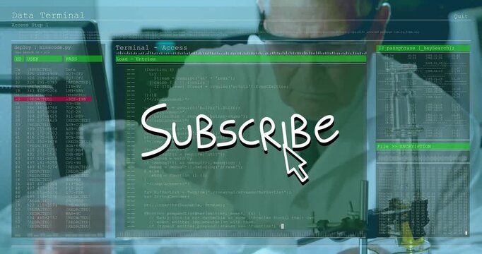 Subscribe CTA appearing, GUI filling and obscuring hands, lab tech adjusting burette, measuring