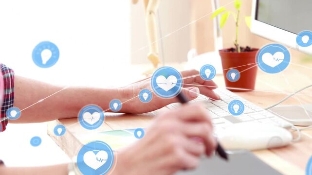 Vertical video: Hands shifting pen  and  typing making blue heart or pin overlay stacking notes for 