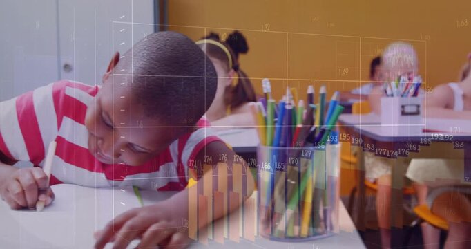 Boy writing while camera pulling back, charts fading in over students completing schoolwork