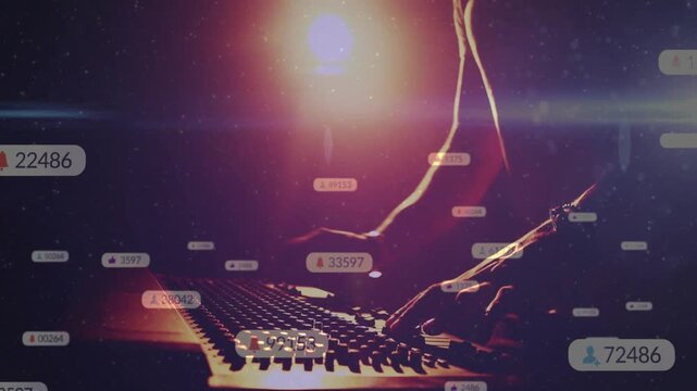 Vertical video: Male DJ playing keys backlit by warm light, spawning badges showing rising metrics