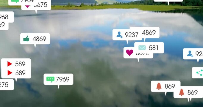 Vertical video: Appearing near left shore, alert badges drifting across calm lake, signaling surge