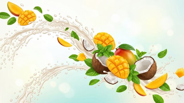Wide composition of mango coconut and mint flying diagonally across the frame with coconut milk droplets forming fluid motion